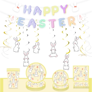 Happy Easter party decoration set with bunny banners, paper plates, cups and napkins