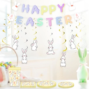 Easter party decoration set with Happy Easter banner, bunny spirals, and tableware items