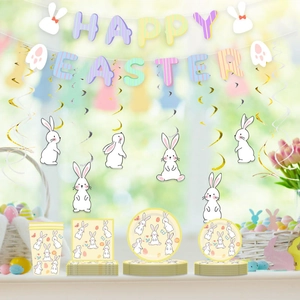 Easter Party Decoration Supplies Happy Easter Banner Bunny Hanging Swirls Paper Tableware Macaron Colors Celebration