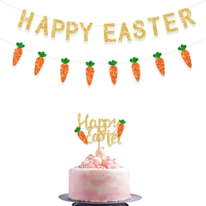 Glittery gold Happy Easter banner set with carrot garland and cake topper decoration