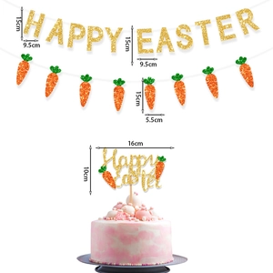 Easter party decoration set with Happy Easter glitter banner and carrot cake toppers