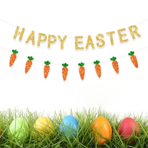 Glitter Happy Easter banner and carrot garland decoration with colorful eggs on grass