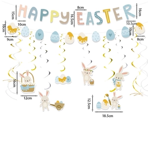 Easter party decoration set with Happy Easter banner and colorful hanging swirl ornaments