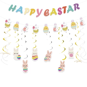 Colorful HAPPY EASTER banner set with macaron cartoon bunny and chick hanging swirls