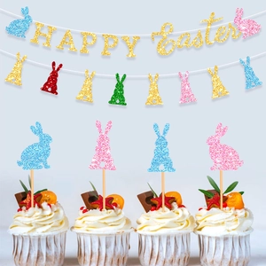 Glittery Happy Easter banner and colorful bunny cupcake toppers for party decoration