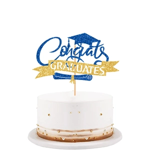 Blue and gold glittery Congrats GRADUATES cake topper with cap and scroll for 2025 party