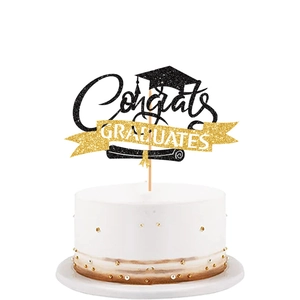 2025 graduation cake topper with black and gold glitter Congrats Graduates sign
