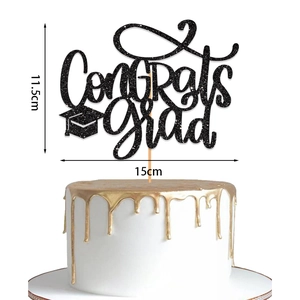 Detail of 15cm black glitter Congrats Grad cake topper with graduation cap icon