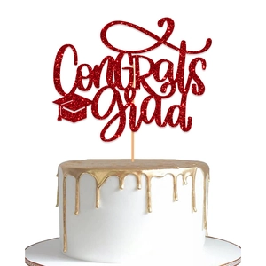Sparkling red Congrats Grad cake topper with graduation cap for 2025 graduation party decor