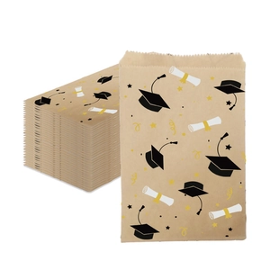 Brown kraft paper graduation gift bags featuring mortarboard and scroll festive patterns