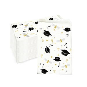 Elegant graduation gift bag with black mortarboard and golden diploma scroll patterns