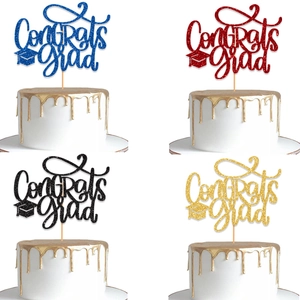 Congrats Grad glitter cake topper set in blue, red, black, and gold for 2025 graduation party