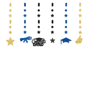 Hängende Abschlussfeier-Dekoration mit Sternen und Congrats GRAD-Schriftzug in Gold Blau