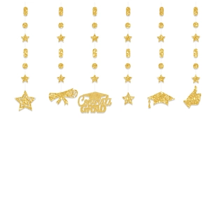 Glitzernde goldene Abschluss-Hängedeko mit Congrats Grad Motiven und Doktorhut-Anhängern