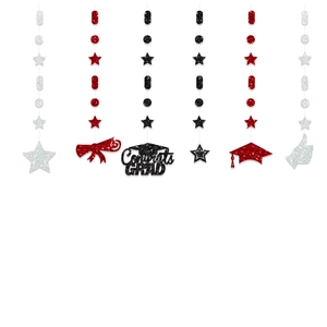 Detailansicht der Congrats GRAD Glitzer-Girlanden mit Doktorhut und Sternanhängern