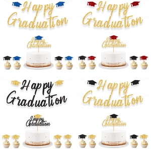 Happy Graduation party decoration set with glitter banners and graduation cap cake toppers
