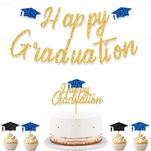 Gold glitter Happy Graduation banner and cake topper set with blue mortarboard accents