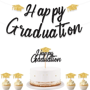 Graduation party decorations set with black gold glitter banner and cake toppers