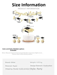 Detailed size chart for graduation party banner and cupcake topper set in black and gold