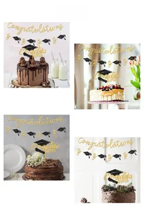 Macro shot of gold glitter Congratulations banner and black graduation cap cake toppers set
