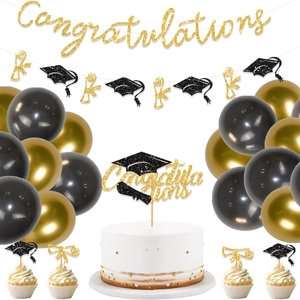 Graduation Party Decoration Set Gold Glitter Congratulations Banner Cake Toppers With Graduation Cap Scroll Ornament Black Gold Party Supplies
