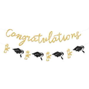 Close-up of gold and black glitter graduation party banners with Congratulations text