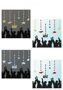 Detailed view of graduation swirl decorations in four color schemes for 2026 party decor