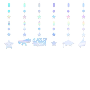 Close-up of iridescent Class of 2024 graduation hanging swirls with cap and star charms