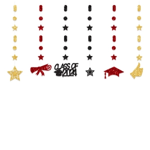 Class of 2024 graduation banner with gold red black glitter stars and hanging scrolls