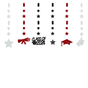 Detail of Class of 2024 graduation hanging swirls with glitter diploma and cap icons