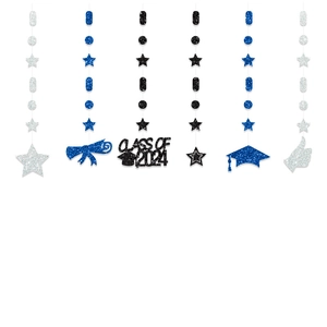 Detail of 2024 graduation hanging banners with glitter stars and Class of 2024 pendants
