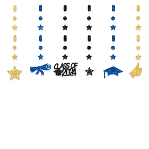 Vertical rows of 2024 graduation glitter hanging banners with stars and diplomas