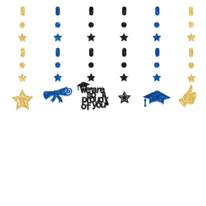 Detail of graduation party streamers with gold blue and black glitter cutout ornaments