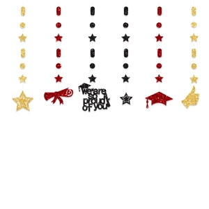 Detail of graduation party hanging swirls with glittery stars and diplomas