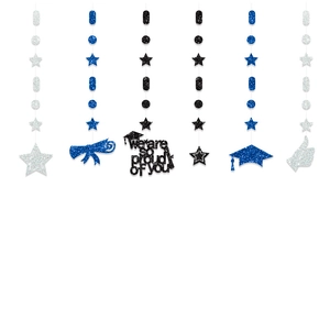 Sparkly black blue silver graduation hanging banner set with we are so proud of you sign