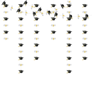 Graduation party banner featuring black mortarboards and white diplomas with yellow ribbons