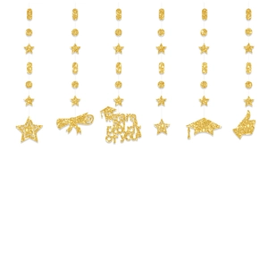 Detail of glitter gold graduation hanging swirl decorations with 'We are so proud of you' text