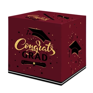 Scatola porta biglietti laurea bordeaux con scritte Congrats GRAD dorate e tocco