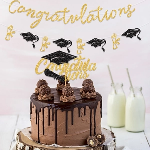 Glittery gold Congratulations banner and cake topper set for graduation party decor