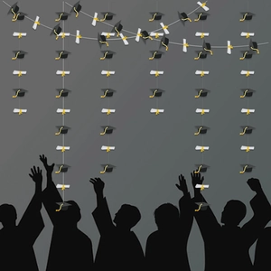Graduation party banner featuring black mortarboards and white diplomas with yellow ribbons