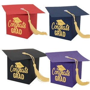 Foil graduation cap gift boxes in four colors with gold congrats grad text and yellow tassel