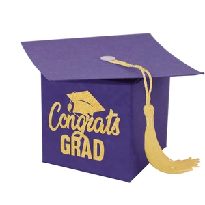 Purple mortarboard graduation candy box with gold Congrats GRAD text and yellow tassel