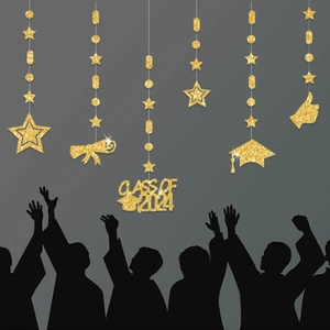 Golden Class of 2024 graduation banner with stars and graduation caps party decor