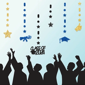 Class of 2026 graduation party banner with glitter stars, caps and scroll hanging decor