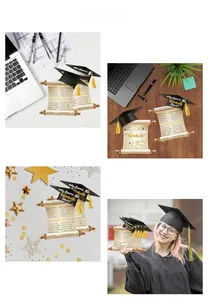 Detail of graduation party game cards featuring mortarboard design and interactive quizzes