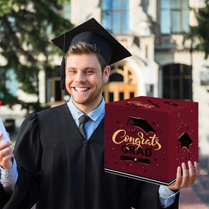 Scatola per Cartoline di Laurea Con Lettere Congrats GRAD Cubo di Carta Box per Cerimonia Festa di Laurea Blu Rosso Oro