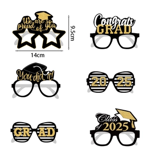 6-pack of 2025 graduation party glasses in black and gold glitter props for photo booths