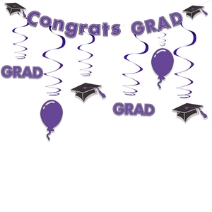 Purple and white graduation party decoration set with Congrats Grad hanging swirls