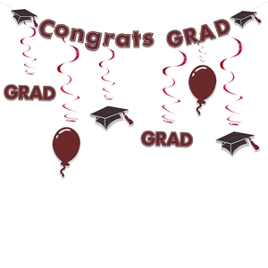 Detail of Congrats GRAD banner with burgundy metallic swirls and graduation cap cutouts