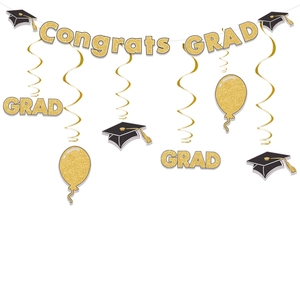 Close-up of Congrats GRAD banner and black gold hanging spirals for 2025 graduation party